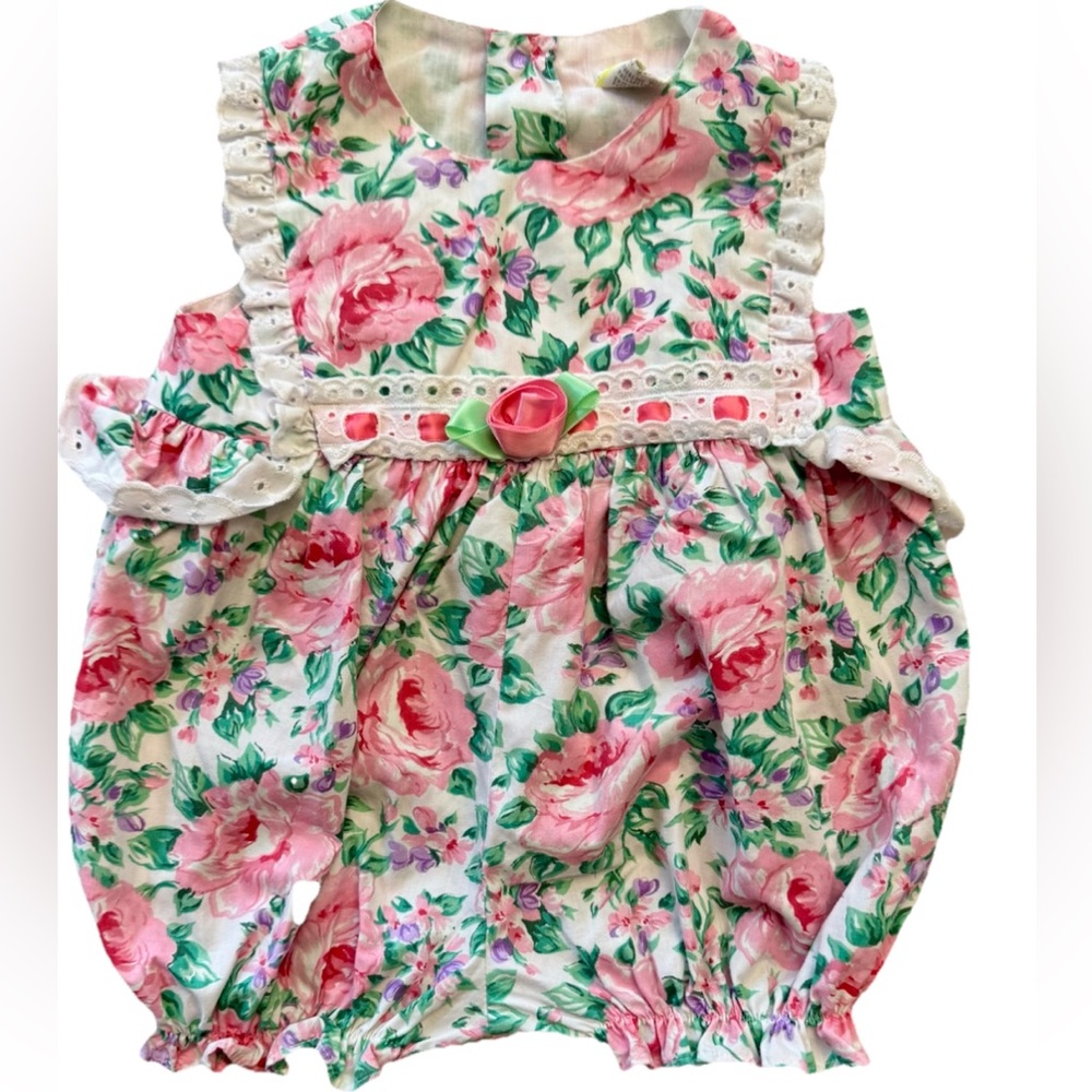 Vintage Baby Girl bubble With Ruffled White trim and ribbon, rose detailing, 12m